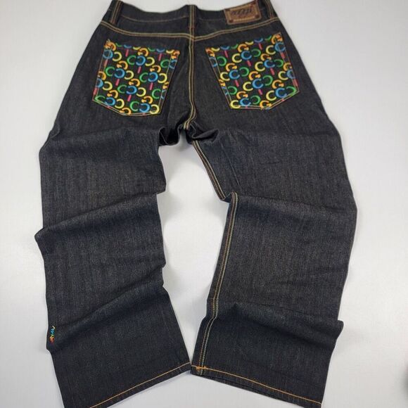 Vtg Y2K Coogi Sweater Pattern Embroidered Denim Baggy Wide Leg Jeans Mens 38x34 - Picture 1 of 13